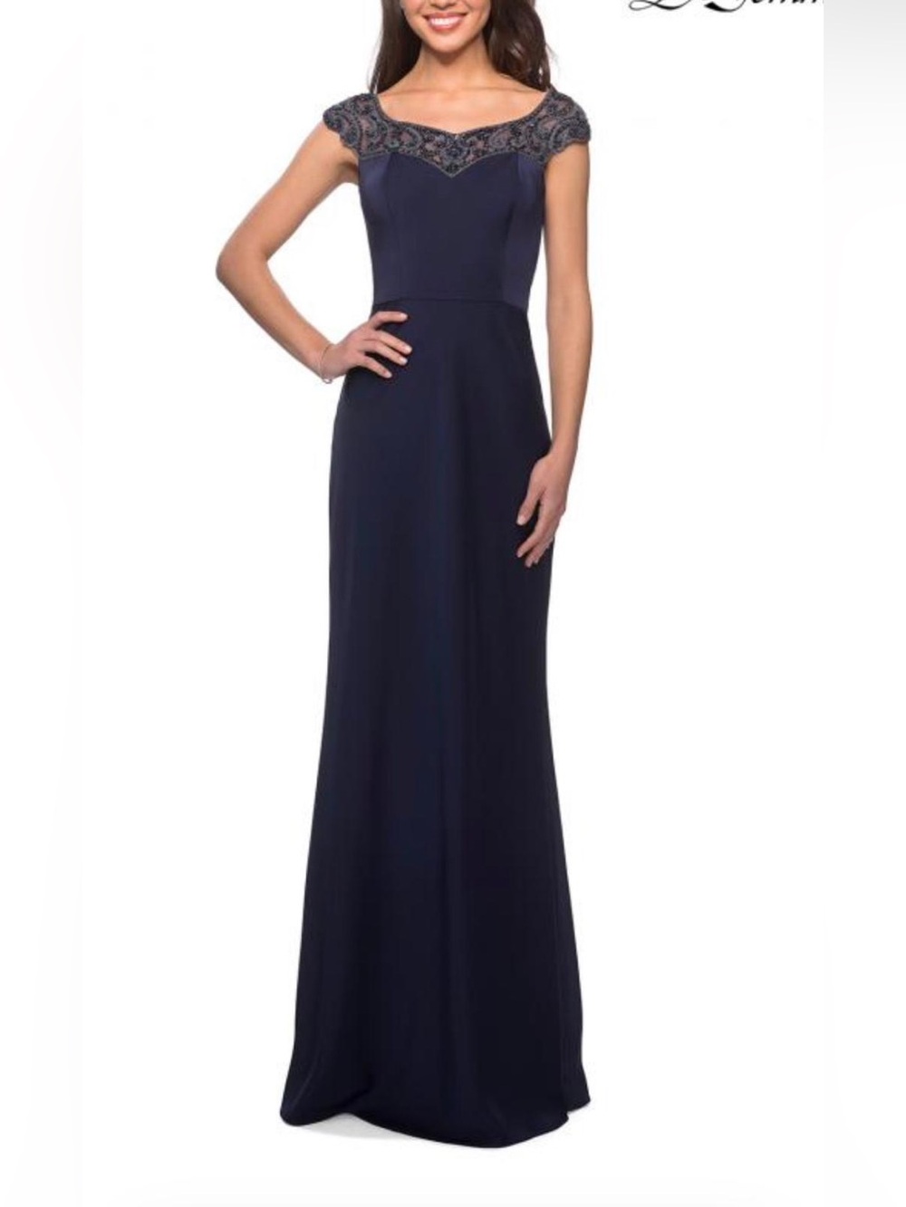 La Femme Navy Beaded Off-Shoulder Maxi Gown